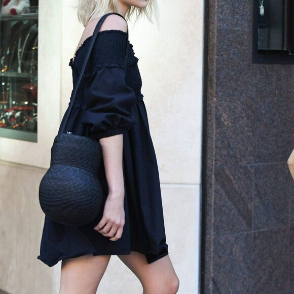 Zara Off The Shoulder Smocked Bodice Cotton Poplin Mini Dress in Black M EUC - Picture 2 of 15